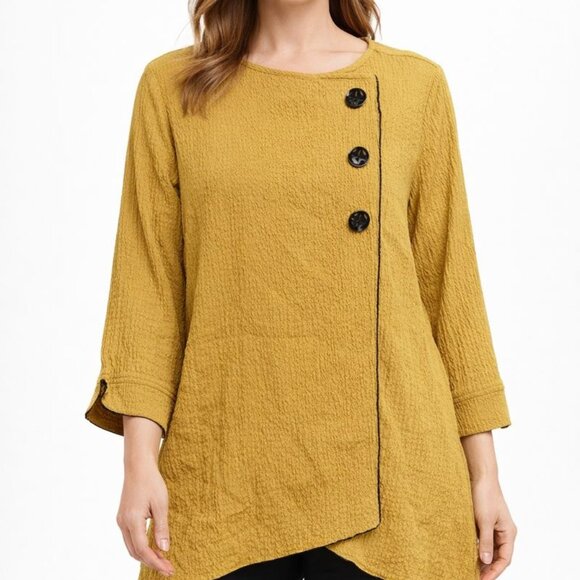 Ali Miles Tops - Ali Miles Asymmetrical Button Tunic Top Crinkle Mustard Yellow M
